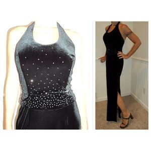 SALE✨Vintage Holiday Party Dress Black Bodycon Glam Backless Halter Gown - Sz 6